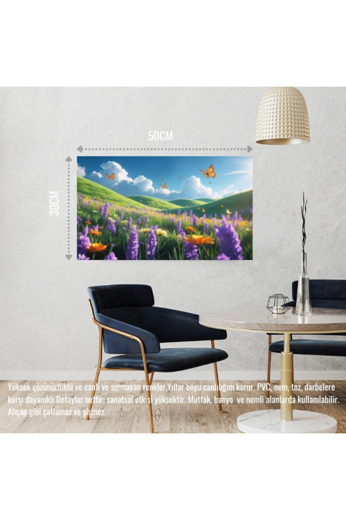 Kelebekler Yabani Çiçekler İçinde Bahar Havası 05 Çerçevesiz 50X30 Cm Pvc Tablo