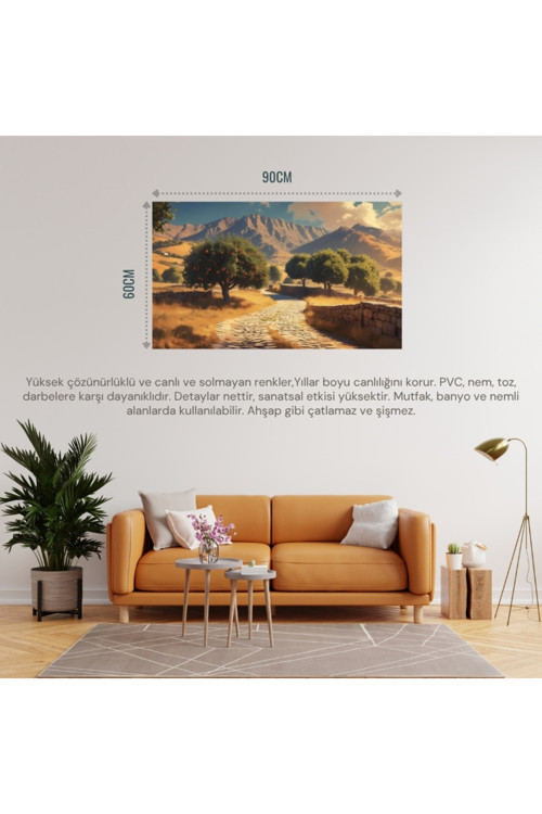 Doğa Ve Manzara Yatay Arnavut Kaldırımlı Yol Meyve Ağaçları, Dağlar 03 Çerçevesiz 90X60Cm Pvc Tablo