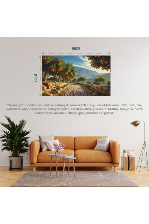 Doğa Ve Manzara Yatay Arnavut Kaldırımlı Yol Meyve Ağaçları, Dağlar 08 Çerçevesiz 90X60Cm Pvc Tablo