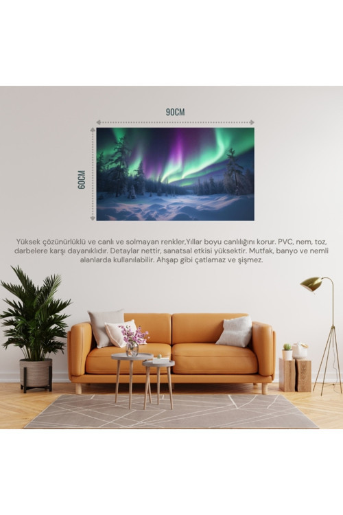 Doğa Ve Manzara Yatay Karla Kaplı Ormanın Üzerindeki Kuzey Işıkları 03 Çerçevesiz 90X60Cm Pvc Tablo