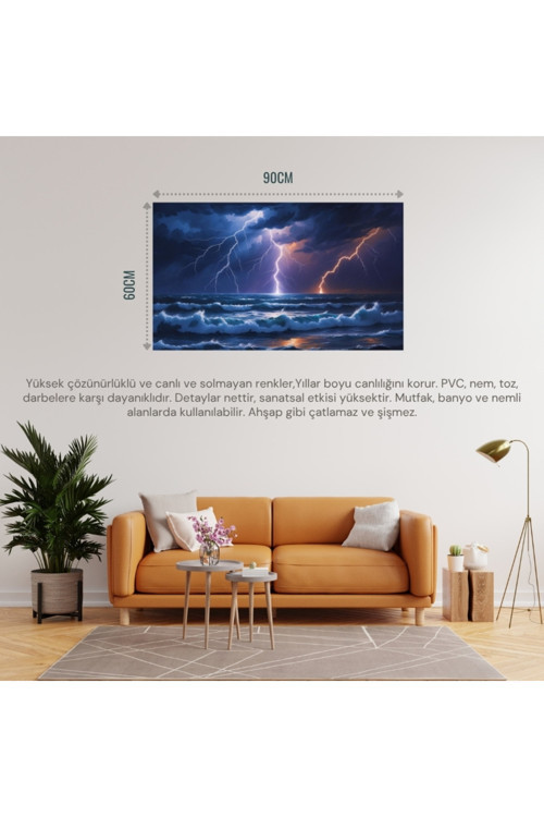 Doğa Ve Manzara Yatay Okyanus Üzerindeki Şimşek Fırtınası 01 Çerçevesiz 90X60Cm Pvc Tablo