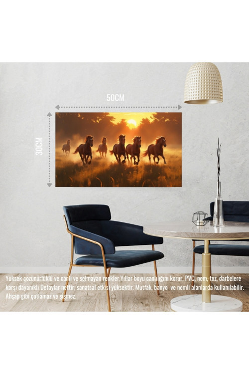 Yabani Atlar Gün Batımında Çayırda Koşuyor 04 Çerçevesiz 50X30 Cm Pvc Tablo