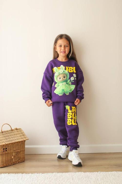 KIZ ÇOCUK LABUBU MODELLİ 3 İPLİK ŞARDONLU EŞOFMAN TAKIMI