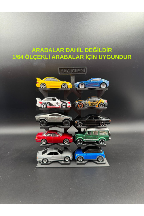 1:64 Ölçek Araç Sergileme Standı - 10 Araçlık - Siyah - (Tabelaya Yazı Yazılır)