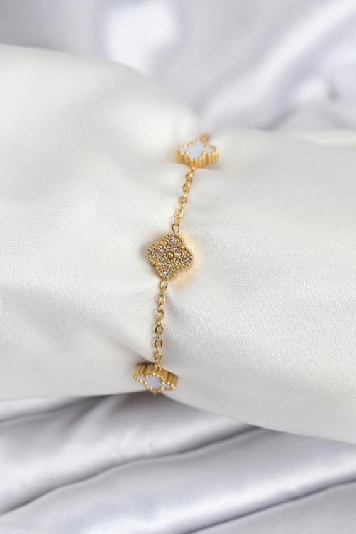316L Çelik Gold Renk Beyaz ve Zirkon Taşlı Baby Boy Yonca Kadın Bileklik
