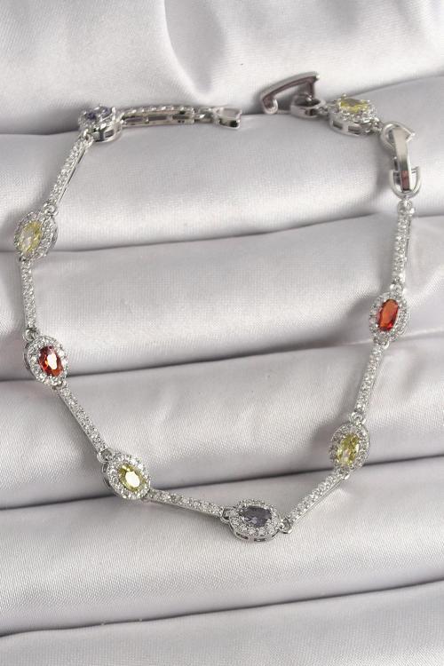 Pirinç Gümüş Renk Renkli Zirkon Taşlı Damla Taş Model Kadın Bileklik