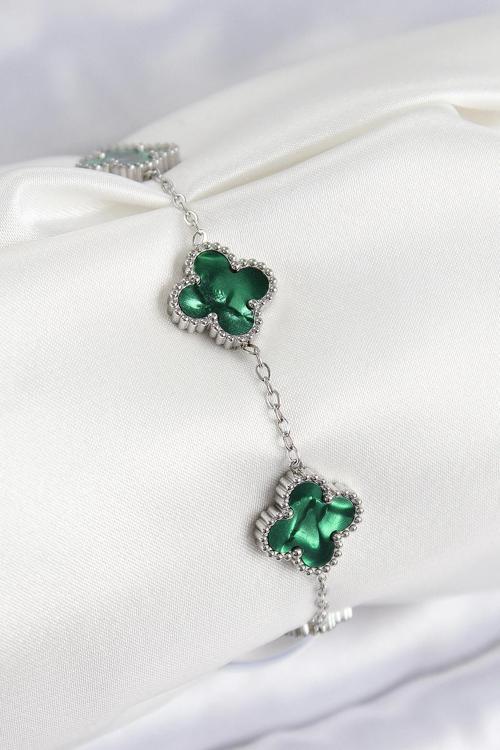 316L Çelik Sedefli Zümrüt Yeşil Gümüş Renk Yonca Kadın Bileklik