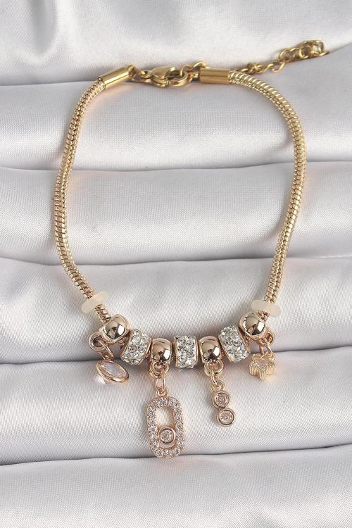 Pirinç Gold Renk Zincir Sallantı Zirkon Taşlı Messika Figür Yıldız Detay Kadın Bileklik