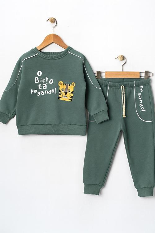 Erkek Çocuk 3 İplik Şardonlu Kaplan Baskılı Eşofman Takımı-10684 y