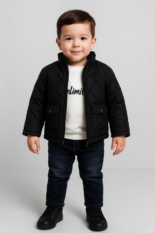 Erkek Çocuk 3 Parça Şişme Montlu Jean Pantolon ve Baskılı Tişört Takım 3617S