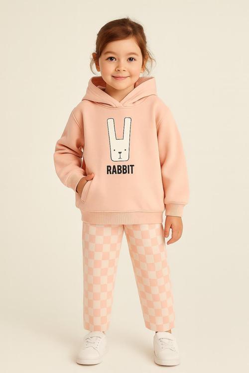 Çocuk Kapüşonlu Rabbit Desenli 3 İplik Şardonlu Eşofman Takımı (5-8 Yaş) 10761S