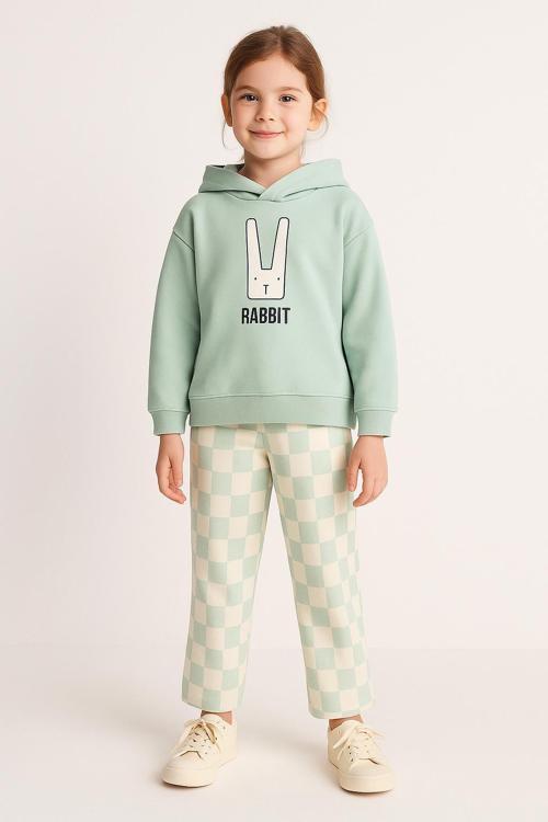Çocuk Kapüşonlu Rabbit Desenli 3 İplik Şardonlu Eşofman Takımı (5-8 Yaş) 10761 Yeşil