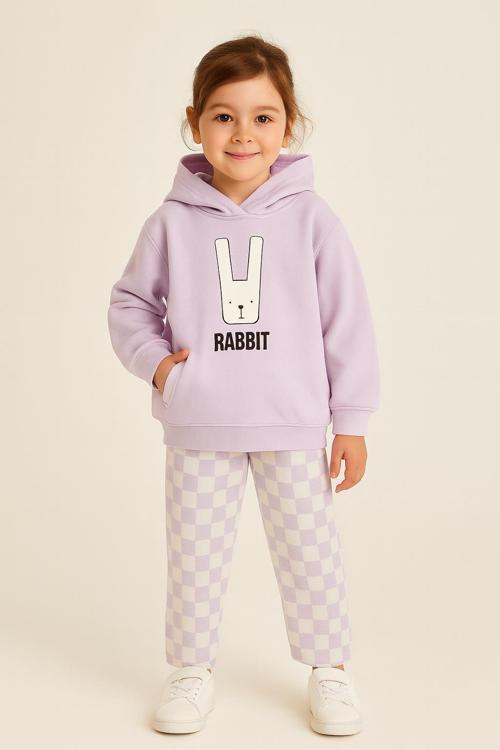 Çocuk Kapüşonlu Rabbit Desenli 3 İplik Şardonlu Eşofman Takımı (5-8 Yaş) 10761 LİLA