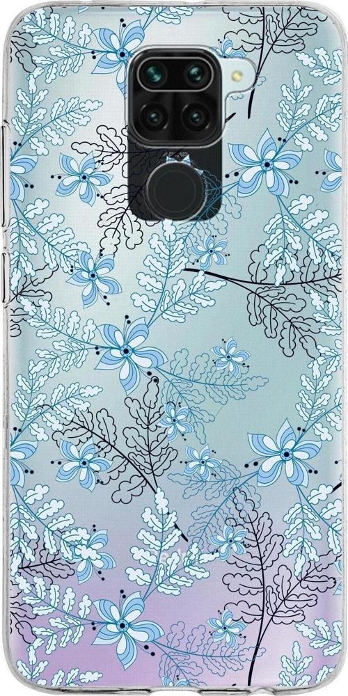 Xiaomi Redmi Note 9 Uyumlu Kapak Floral Mavi Tasarımlı Şeffaf Silikon Kılıf