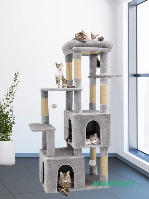 Çok Katlı Ponponlu Tırmalamalı Teraslı Lüx Kedi Oyun Evi Nursoft-0108