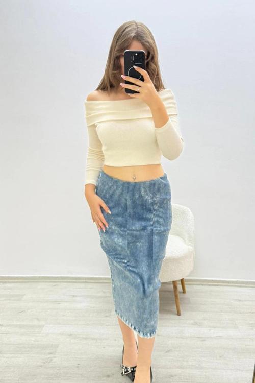 Yıkama Model Beli Lastikli Kalem Mavi Etek