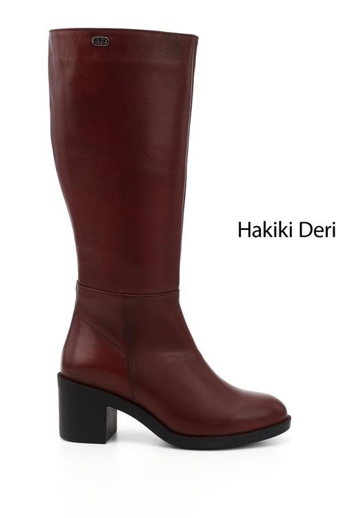 Kadın Bordo Fermuarlı Kalın Topuklu Hakiki Deri Çizme