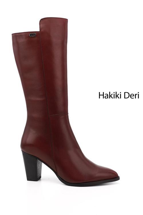 Kadın Bordo Antik Sivri Burun Kalın Topuklu Hakiki Deri Çizme