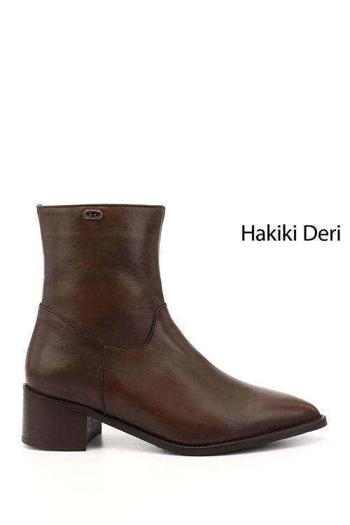 Kadın Kahverengi Fermuarlı Sivri Burun Hakiki Deri Bot