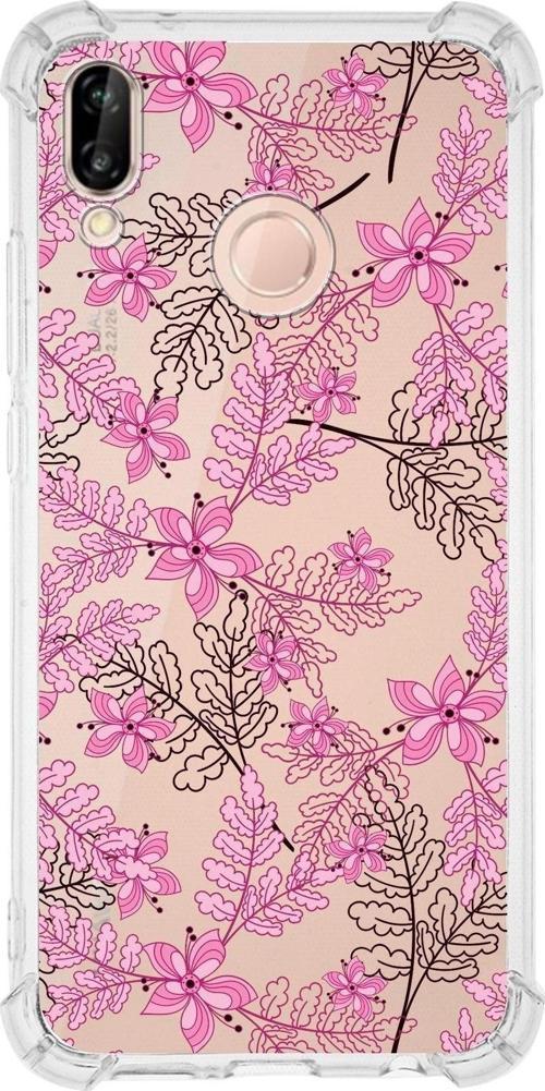 Huawei P20 Lite Köşe Korumalı Antişok Kapak Floral Pembe Tasarımlı Şeffaf Kılıf
