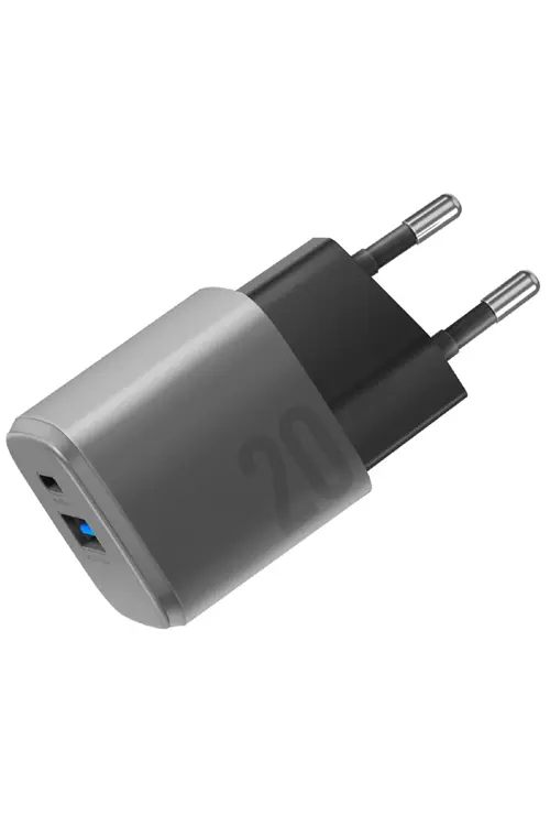 AmpCharge GaN20 20W Type-C ve 18W USB 3.0 Çıkışlı Hızlı Şarj Aleti - Koyu Gri