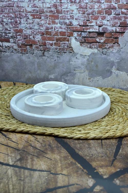 Taş Tozu 3’lü Tealight Mumluk Seti – Dekoratif Yuvarlak Tabaklı Mumluk Mermer Taş Tozu