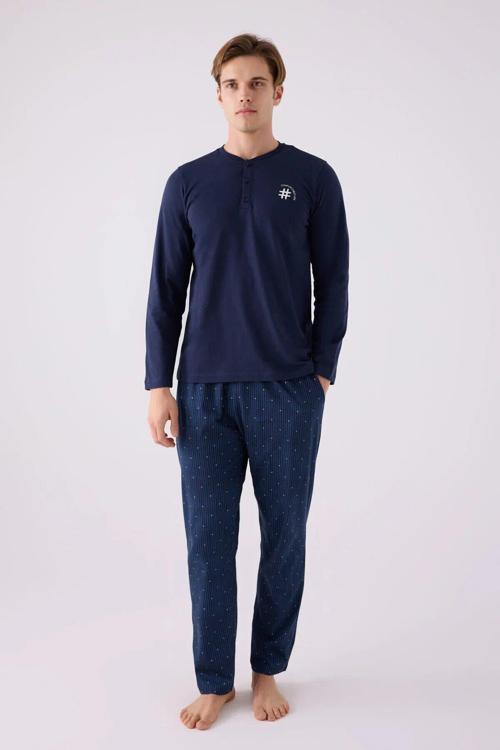 Erkek Pamuklu Comfortablelıfe Bisiklet Yaka Uzun Kollu Pijama Takım