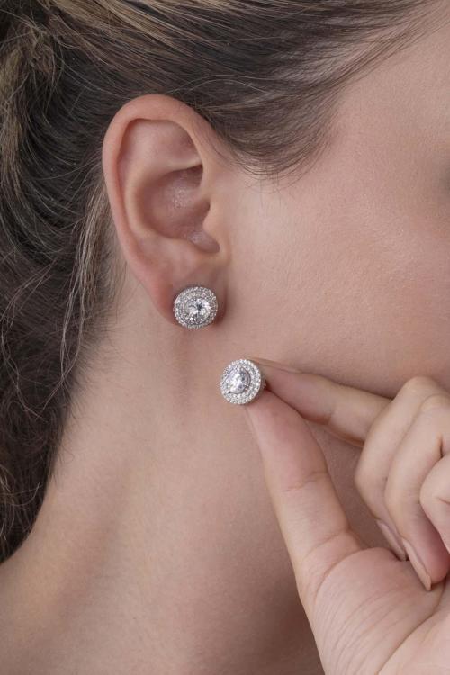 Yuvarlak Kesim Elmas Montür Beyaz Altın Kaplama Tektaş Kadın Gümüş Küpe