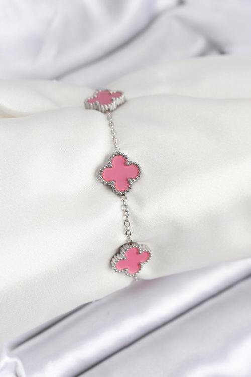 Gümüş Zincir Pembe Renk Yonca Bileklik - EBJ250920W37792