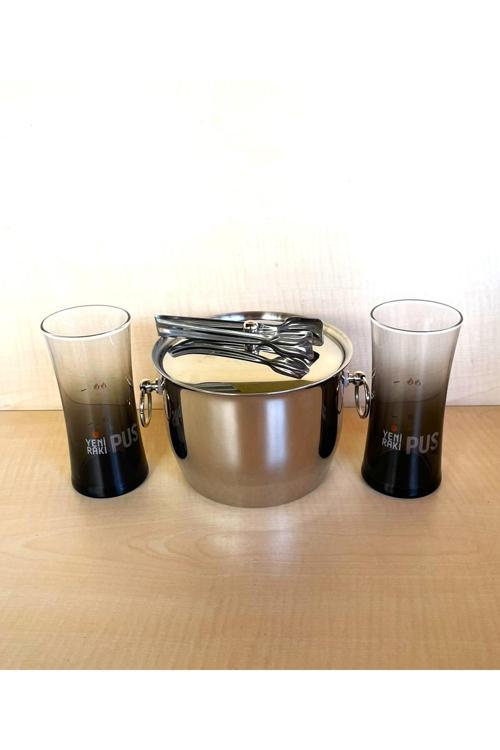 2 Adet Pus Rakı Bardağı 1 Adet Çelik Buz Kovası Çif Katmanlı Maşalı Kapaklı Kova
