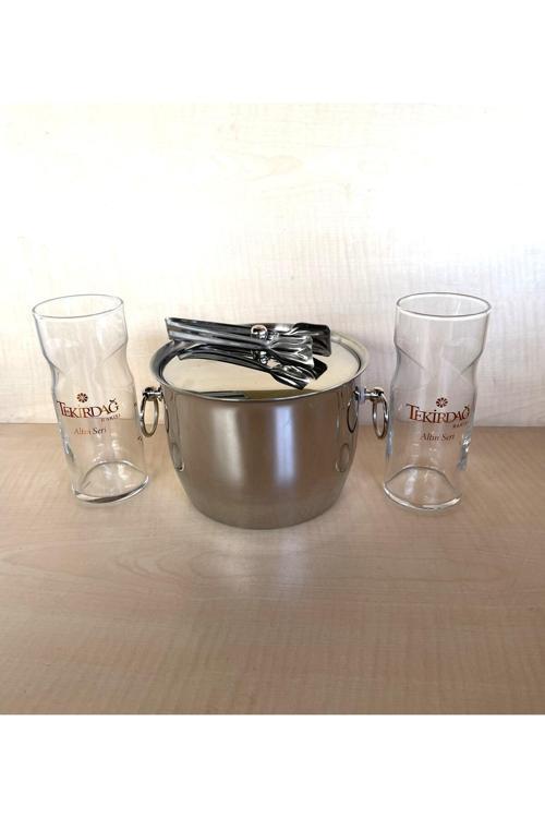2 Adet Altın Seri Rakı Bardağı 1 Adet Çelik Buz Kovası Çif Katmanlı Maşalı Kapaklı Kova
