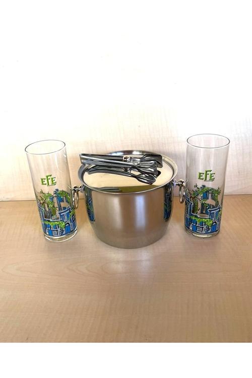 2 Adet Efe Özel Seri Rakı Bardağı 1 Adet Çelik Buz Kovası Çif Katmanlı Maşalı Kapaklı Kova