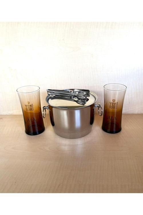 2 Adet Ala Rakı Bardağı 1 Adet Çelik Buz Kovası Çif Katmanlı Maşalı Kapaklı Kova