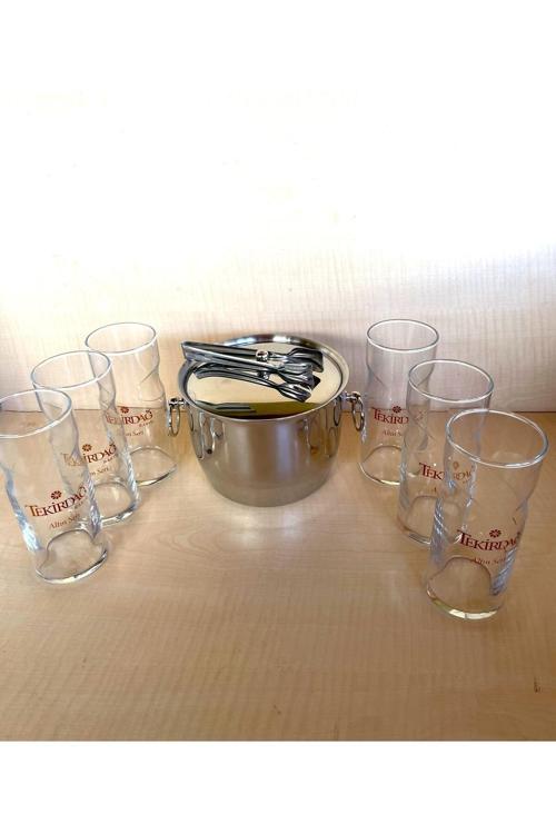 6 Adet Altın Seri Rakı Bardağı 1 Adet Çelik Buz Kovası Çif Katmanlı Maşalı Kapaklı Kova
