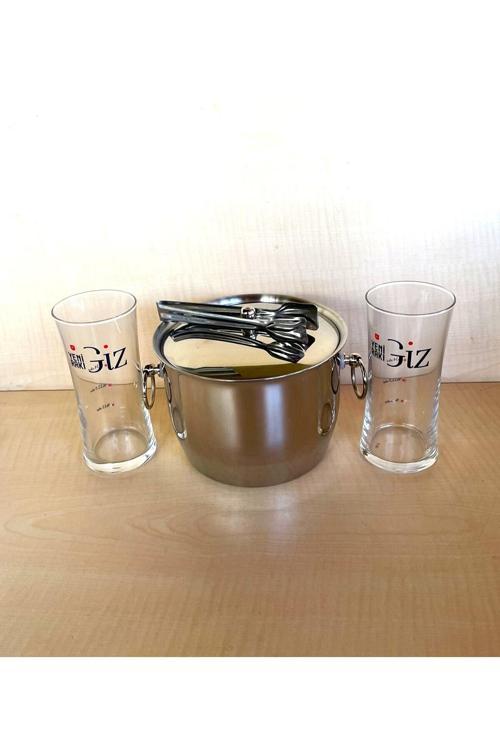 2 Adet Giz Rakı Bardağı 1 Adet Çelik Buz Kovası Çif Katmanlı Maşalı Kapaklı Kova