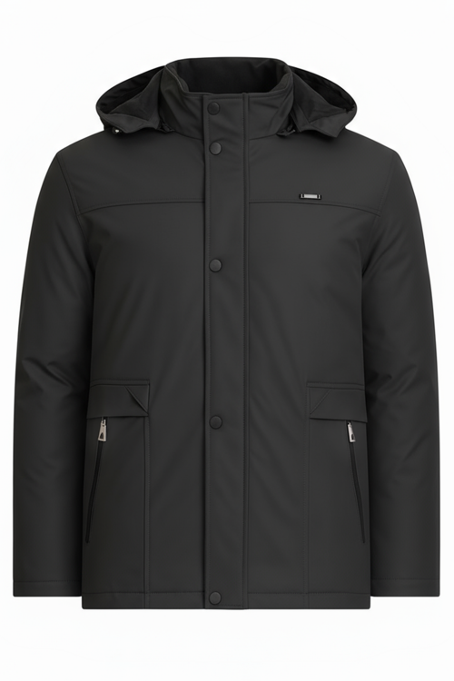 Erkek Siyah %100 Su Ve Rüzgar Geçirmez Kürklü Çıkartılabilir Kapüşonlu Mont&Kaban