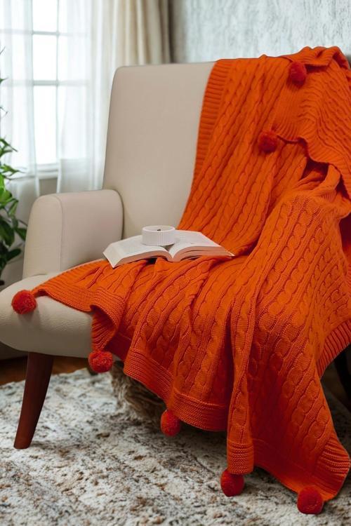 Ponponlu Triko Örme Tv Battaniyesi–Örgü Koltuk & Omuz Şalı & Diz Battaniyesi–130x170 cm-Turuncu
