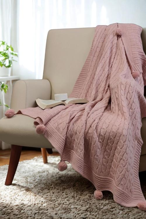 Ponponlu Triko Örme Tv Battaniyesi–Örgü Koltuk & Omuz Şalı & Diz Battaniyesi–130x170 cm-Pudra