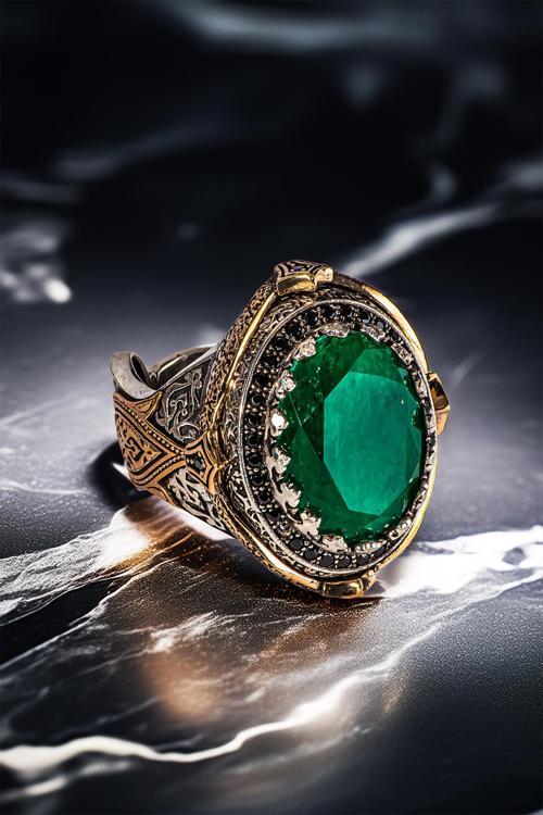 Erkek Gümüş Yüzük - Zümrüt Taşlı Yanı Çiçek Model Erkek Yüzük