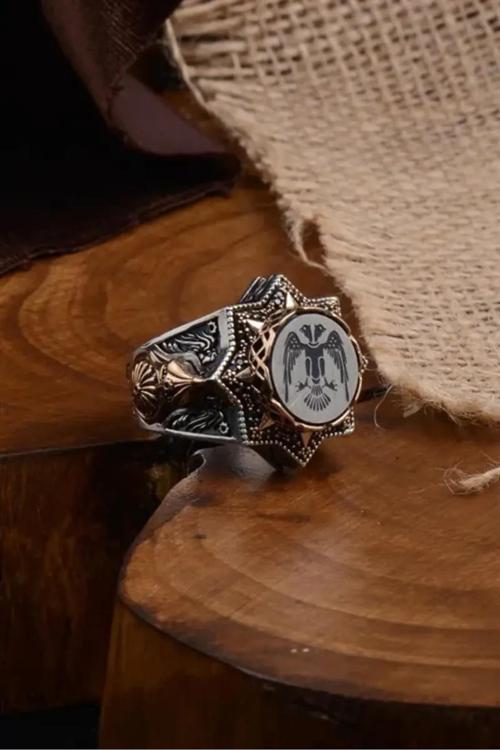 Çift Başlı Selçuklu Kartalı Model Miğfer Kalkan İşlemeli Koleksiyonluk Erkek Gümüş Yüzük