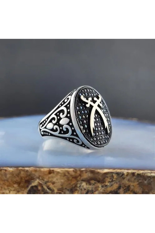 Mikro Taşlı Çift Zülfikar Desenli Gümüş Erkek Yüzük