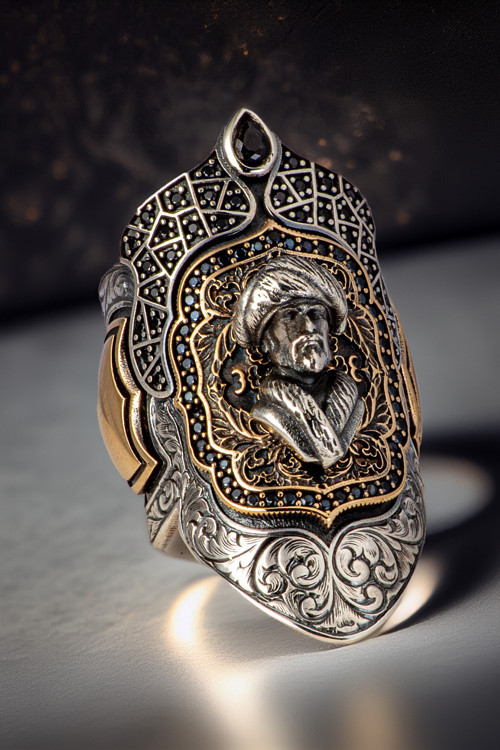 Erkek Mevlana Kabartmalı Siyah Zirkon Taşlı Erkek Gümüş Yüzük Zihgir Model