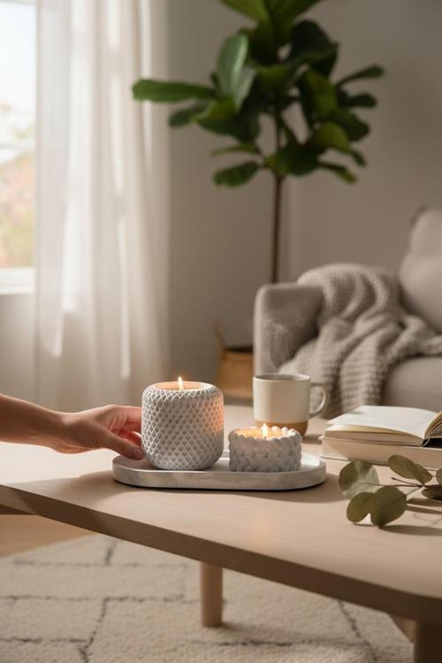 Vanilya Kokulu Palm Wax Kavanoz Mum ve Dekoratif Tealight Mumluk ve Tabak – Elmas Kesim Tasarım, Vegan İçerik