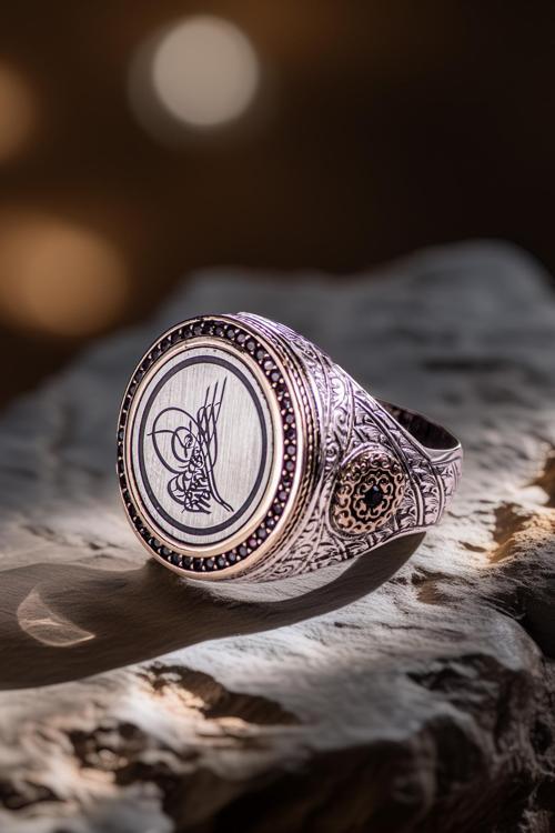 Erkek Sıkma Kehribar Taşlı Osmanlı Tuğrası İşlemeli Nostaljik Model 925 Ayar Gümüş Yüzük