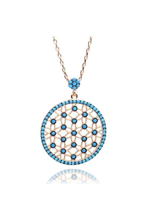 Turkuaz Zirkon Taşlı Rose Renk Yaşam Çiçeği Bayan Gümüş Kolye