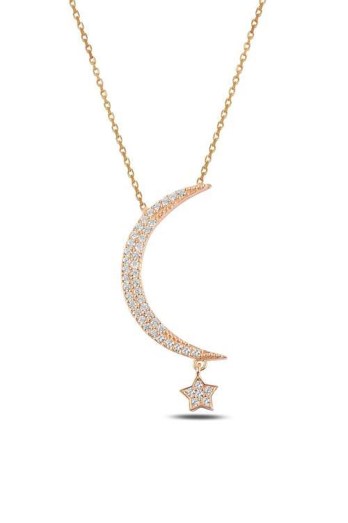 Zirkon Taşlı Rose Renk Ay Yıldız Model Kadın Gümüş Kolye Gklayyldzm1-Ros