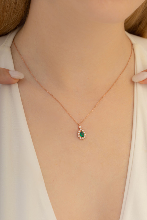 Rose Renk Damla Model Yakut Taşlı Kadın Gümüş Kolye Gkldmlm1Del-Ros