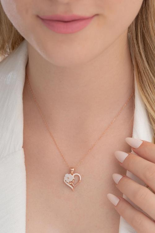 Zirkon Taşlı Rose Manolya Çiçeği Model 6 Kadın Gümüş Kolye Gklmnlycck6-Ros