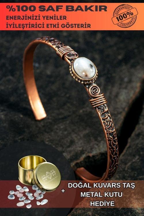 Bakır Kelepçe Bilezik Kristal Kuvars Doğal Taş Erkek Kadın Kuvars Taşı Ve Metal Kutulu