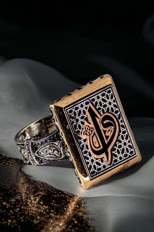 Erkek Vav Elif İşlemeli Yanı Damla Motifli Dikdörtgen Model 925 Ayar Gümüş Yüzük